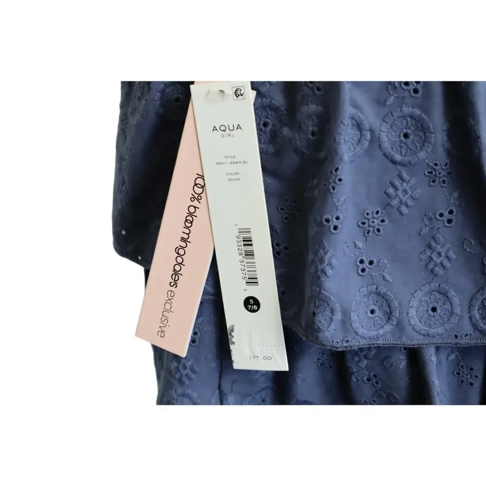 Aqua Girl Smocked Tiered Denim Blue Eyelet Skirt Size‎ S 7/8 - Picture 4 of 7